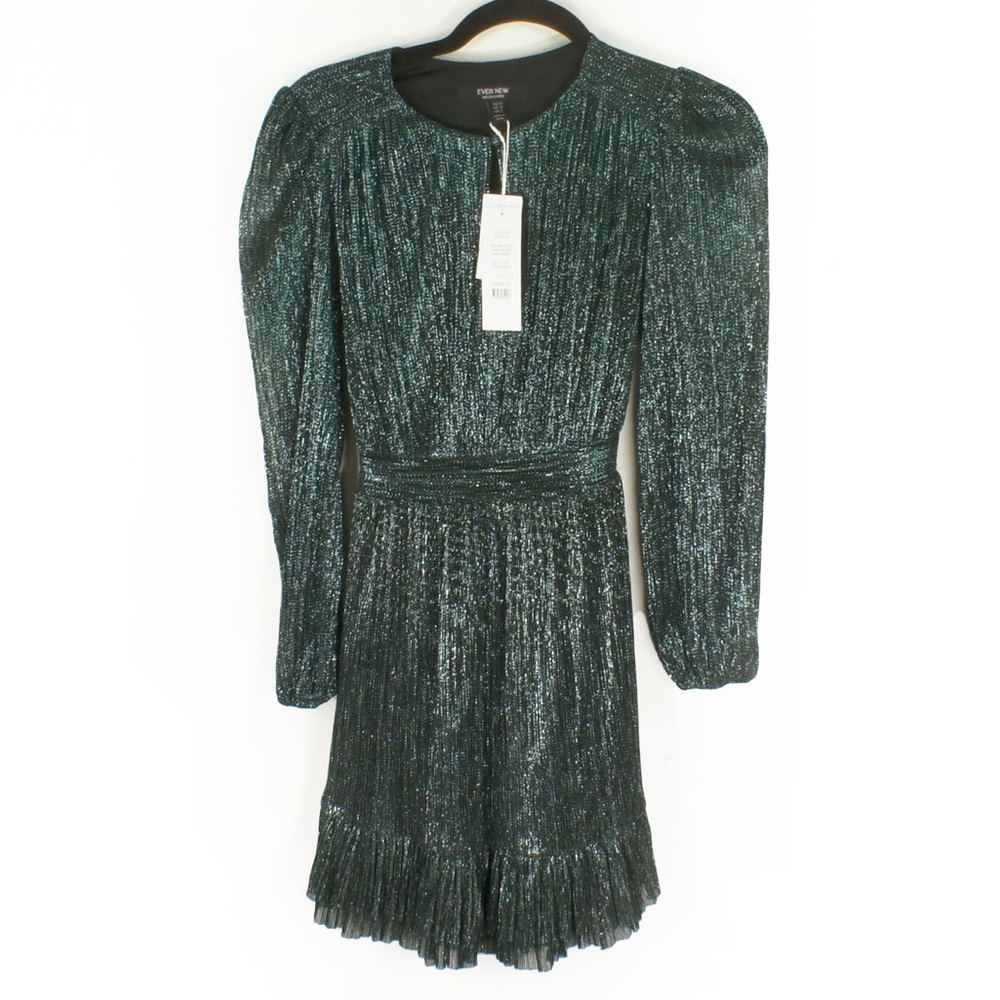 NWT Ever New Goldie Long Sleeve Plisse Dark Green Mini Dress - Picture 6 of 9